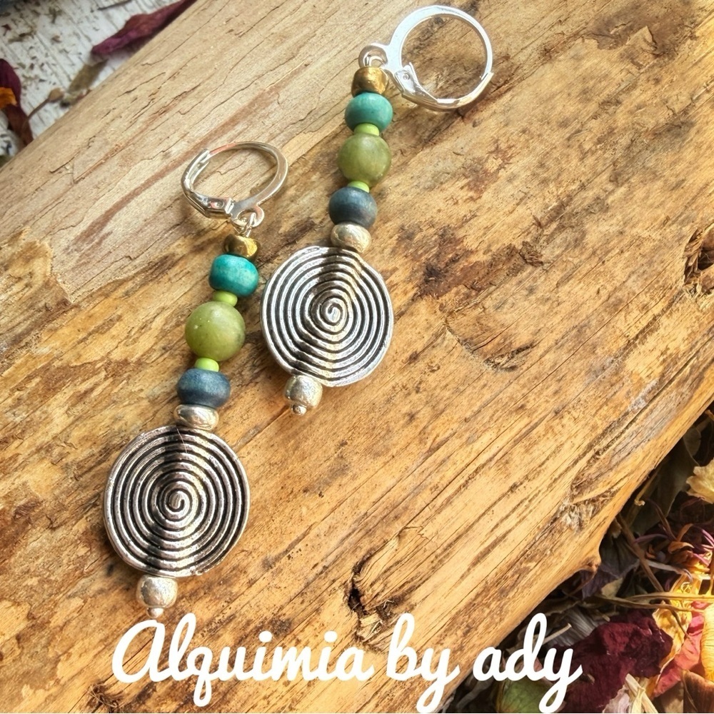 GREEN JADE +  Oddity = Silver and Green Spiral Earrings